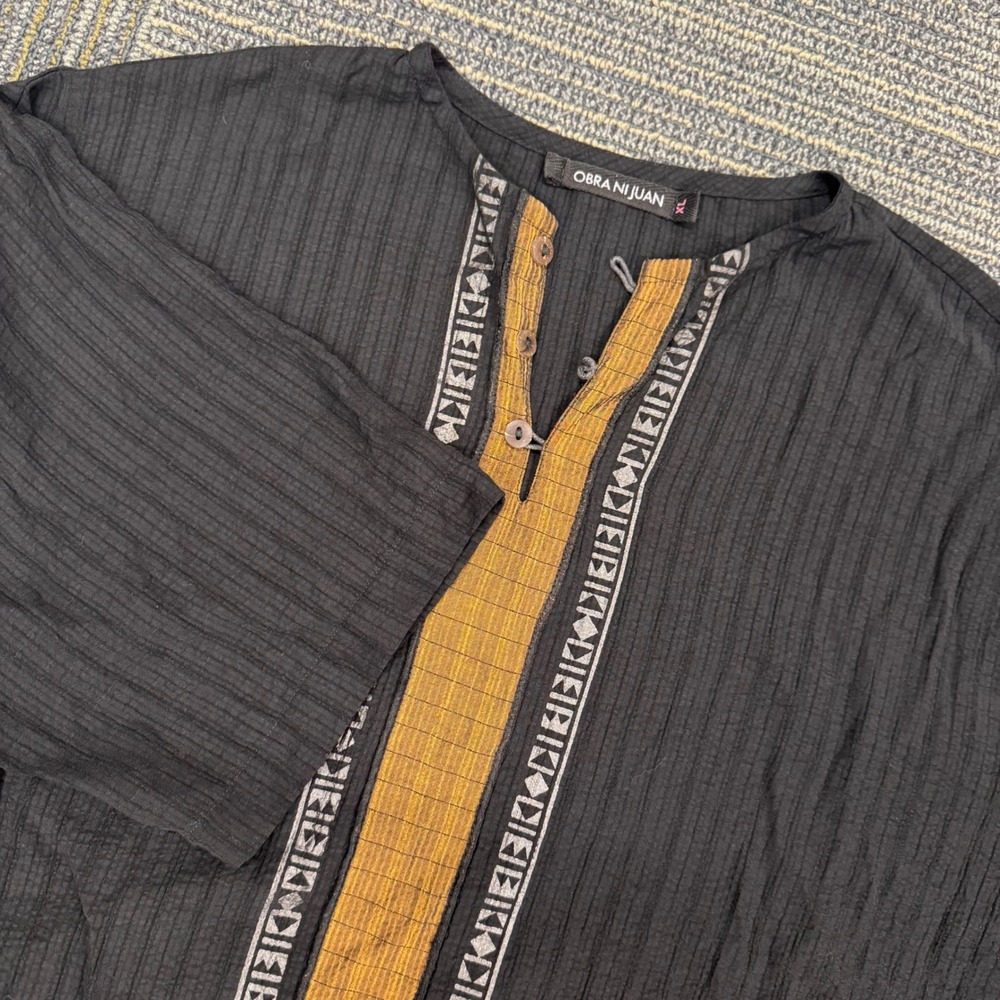 Obra Ni Juan XL Mens Black Embroidered Button Down Short Sleeve Shirt‎